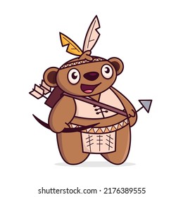 Cute cartoon bear. Indian with bow and arrow
