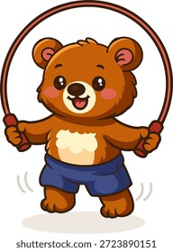 Bonito urso de desenho animado pular corda. Urso engraçado fazendo exercícios de cardio.