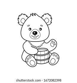 Cute cartoon bear with a keg of honey for coloring page or book. Outline of little bruin isolated on white background. Childish or Easter concept. Vector 10 EPS illustration.