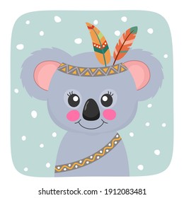 Cute Cartoon bear koala with red indian feathers. Funny animal character flat style. Modern poster for prints, kid greeting card, poster, t-shirts. Vector illustration.