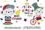Cute cartoon bear magician pulling a rabbit out of his black hat, funny magic show vector for children apparel.