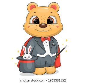 Cute cartoon bear magician with a rabbit in a hat. Vector illustration of an animal isolated on white.