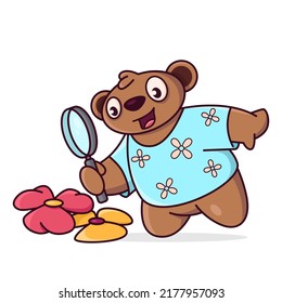 cute cartoon bear with a magnifying glass in his hand looks at the flowers. Nerd