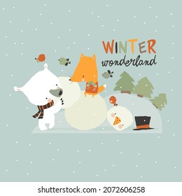 Cute Cartoon Bear making Snowman with Little Fox