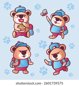 cute cartoon bear mascot in different poses with backpack, eating popcorn, playing with a butterfly, walking, and running. adorable animal character illustration with paw print background.