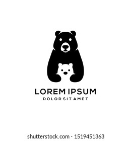 cute cartoon of bear mom and baby bear in black and white logo icon vector illustration