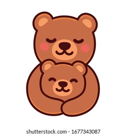 Cute Cartoon Bear Mom Hugging Baby Cub, Sweet Brown Bears Family Drawing. Simple Vector Clip Art Illustration, Kawaii Mascot Or Logo.