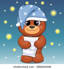 Cute Cartoon Bear In Night Cap With Pillow. Vector Illustration Of Animal On Dark Blue Background With Stars.