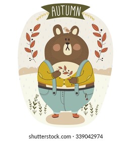 Cute cartoon bear on the autumn background. Childish flat card in vector. Colorful illustration
