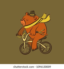Cute cartoon bear on bicycle in hat and scarf, vector illustration