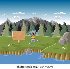 Cute cartoon bear on green park with lake