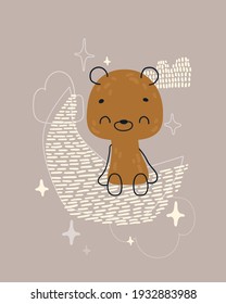 Cute cartoon bear on a moon. Print for baby posters, cards, clothes. Vector cartoon illustration.