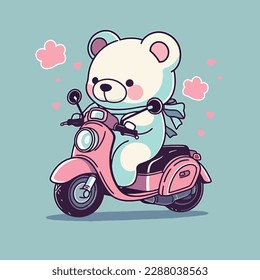 A cute cartoon bear on a pink moped