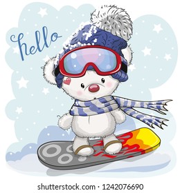 Cute cartoon Bear on a snowboard on a blue background