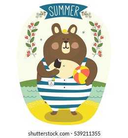 Cute cartoon bear on the summer background. Childish flat card in vector. Colorful illustration