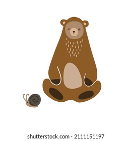 Cute cartoon bear on a white background with a snail