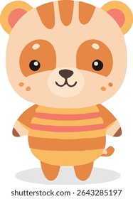 A cute cartoon bear with orange fur, brown eyes, and a striped shirt stands upright with a small tail visible on its left side.
