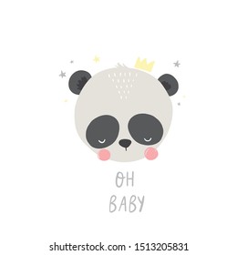 Cute cartoon bear panda baby sleeping. Windy poster for Baby shower with a cute sleeping bear panda character. A wonderful print for the decor of a children's bedroom.