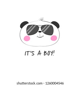Cute cartoon bear panda in glasses and inscription its a boy. Greeting card with charming teddy on white background. Sweet kids graphics for t-shirts.