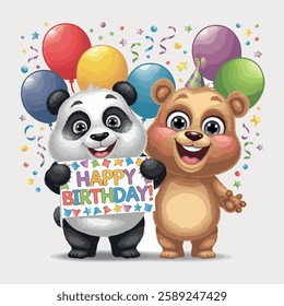 a cute cartoon bear and panda with a joyful express birthday