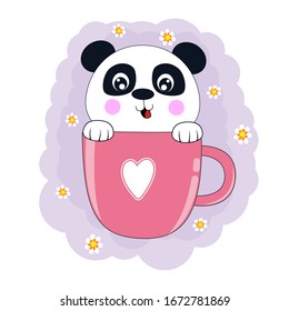 Cute cartoon bear panda in pink coffee cup. Concept for children print. Sweet kids graphics for t-shirts. Greeting card.