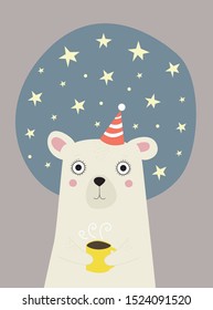 Cute cartoon bear with party hat holding cup of hot drink. Stars on background.