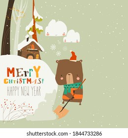 Cute cartoon bear pick snow in the yard