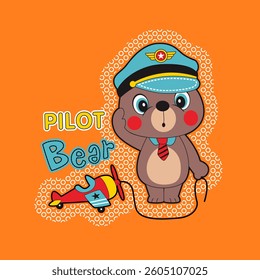Cute cartoon bear pilot, Flat Vector Illustration