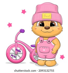 A cute cartoon bear in a pink hat and jumpsuit stands near a bicycle. Vector illustration of an animal on a white background with stars.