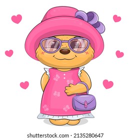 Cute cartoon bear in a pink hat and dress. Vector illustration of an animal on a white background with hearts.