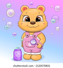 Cute cartoon bear in pink jumpsuit blowing bubbles. Vector illustration of an animal on a colorful background.