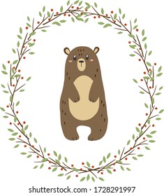 Cute cartoon bear in plant wreath. Vector illustration.
