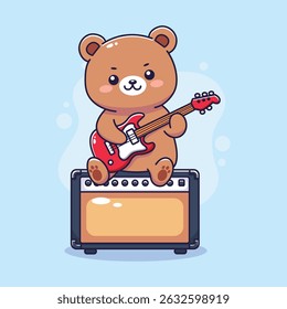 Cute Cartoon Bear Playing Electric Guitar on an Amplifier. Vector illustration
