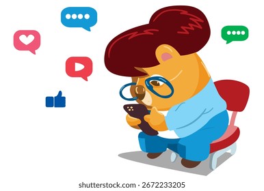 "Urso de desenho animado bonito jogando no smartphone com ícones de mídia social flutuantes - ilustração vetorial"