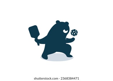 A cute cartoon bear is playing pickleball with adorable pose. pickleball mascot for logo, banner, flyer, etc.