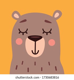 Cute cartoon bear portrait. Animal head flat vector art.