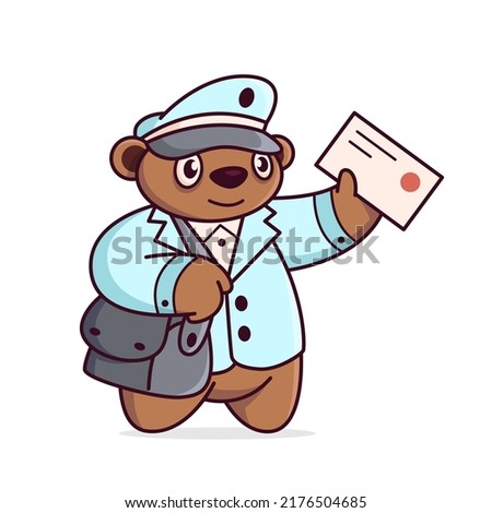Cute cartoon bear. Postman. Holding an envelope in his hand