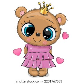 Caricatura corta Oso Princesa en un vestido rosa con corazones