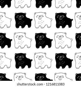 Cute cartoon bear print with hand drawn bears. Sweet vector black and white bear print. Seamless monochrome doodle bear print for textile, wallpapers, wrapping paper, cards and web.