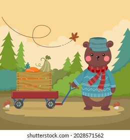 cute cartoon bear with pumpkin cart