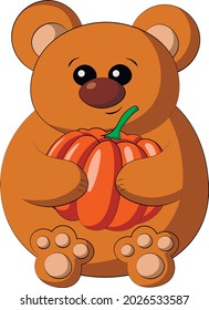 Cute cartoon Bear with Pumpkin. Draw illustration in color