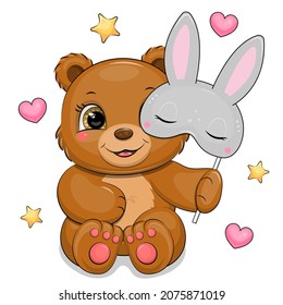 Cute cartoon bear with rabbit mask. Vector illustration of an animal on a white background with stars and hearts.