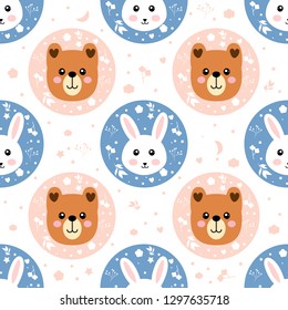 Cute cartoon bear and rabbit seamless pattern, childish vector print