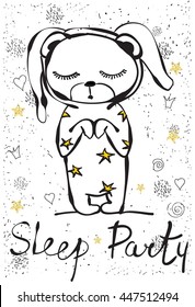 Cute cartoon bear rabbit in vector. Sleep party
