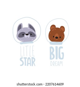 Cute cartoon bear, raccoon. astronaut. Vector print for children room, fabric, paper, greeting card, postcard, card, t shirt, poster, textile. Vector illustration