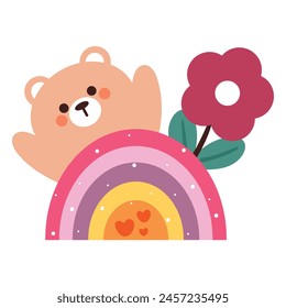 cute cartoon bear with rainbow and clouds. cute animal doodle sticker