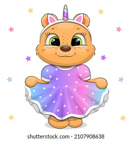 Cute cartoon bear in rainbow dress and unicorn headband. Vector illustration of an animal on a white background with stars.