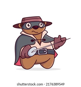 Un lindo oso de caricaturas. Oso en impermeable y con una espada en la mano