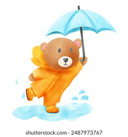 Cute cartoon bear in raincoat with umbrella. Watercolor illustration