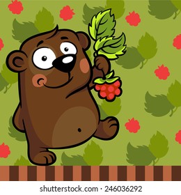 Cute cartoon bear with raspberry and on green background with raspberry leafs